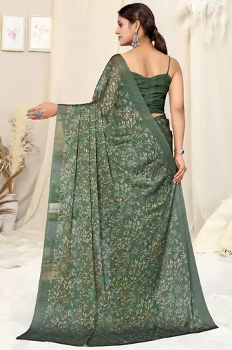 Dark green chiffon floral print plain saree with unstitched blouse piece