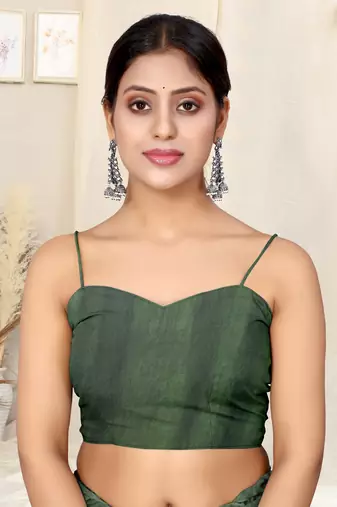 Dark green chiffon floral print plain saree with unstitched blouse piece