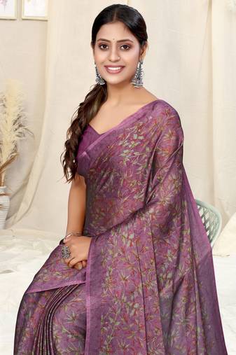 Wine chiffon floral print plain saree with unstitched blouse piece