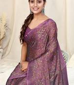 Wine chiffon floral print plain saree with unstitched blouse piece