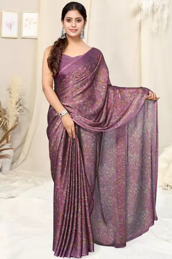 Wine chiffon floral print plain saree with unstitched blouse piece