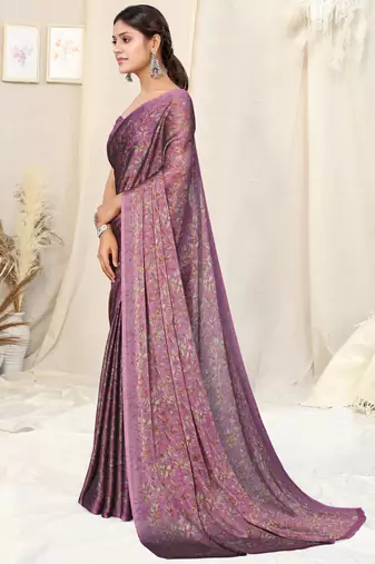 Wine chiffon floral print plain saree with unstitched blouse piece