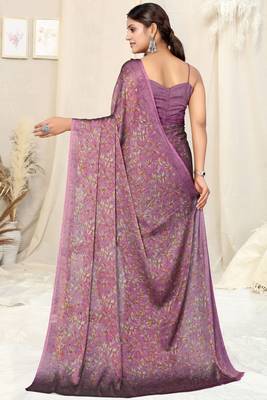 Wine chiffon floral print plain saree with unstitched blouse piece 4