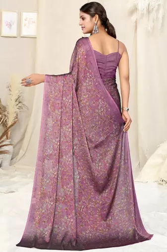 Wine chiffon floral print plain saree with unstitched blouse piece