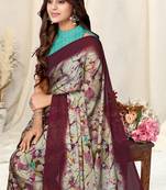 Beige Chiffon Abstract Print Plain Saree With Unstitched Blouse Piece