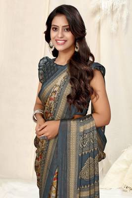 Beige Chiffon Floral/Kalamkari Printed Printed Saree With Unstitched Blouse Piece 1