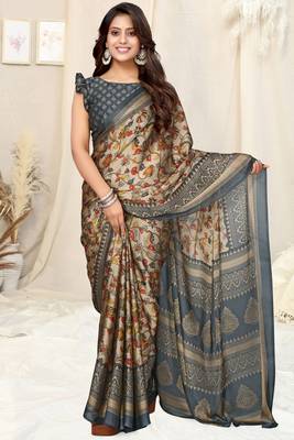 Beige Chiffon Floral/Kalamkari Printed Printed Saree With Unstitched Blouse Piece 2