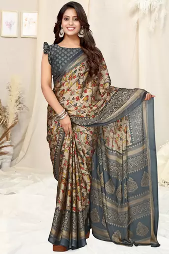Beige Chiffon Floral/Kalamkari Printed Printed Saree With Unstitched Blouse Piece