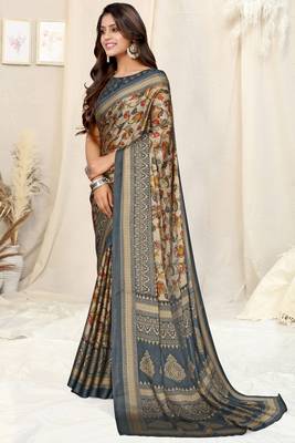 Beige Chiffon Floral/Kalamkari Printed Printed Saree With Unstitched Blouse Piece 3