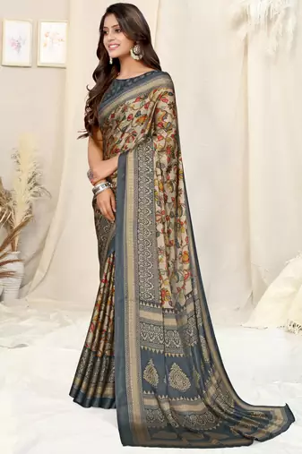 Beige Chiffon Floral/Kalamkari Printed Printed Saree With Unstitched Blouse Piece