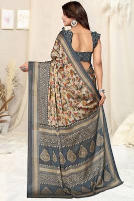Beige Chiffon Floral/Kalamkari Printed Printed Saree With Unstitched Blouse Piece 4