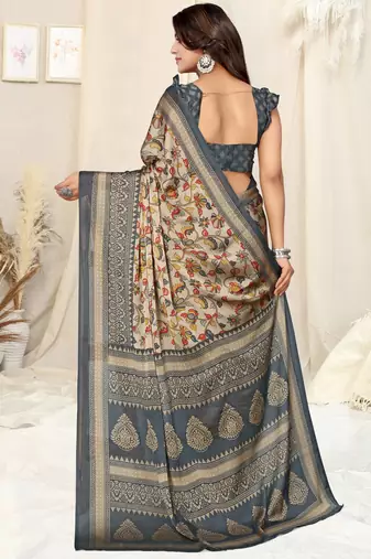 Beige Chiffon Floral/Kalamkari Printed Printed Saree With Unstitched Blouse Piece