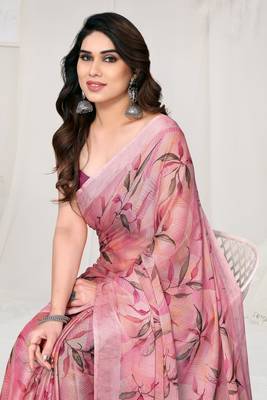 Peach Chiffon Leaf and Floral Printed Saree with Unstitched Blouse Piece 1