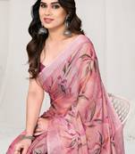 Peach Chiffon Leaf and Floral Printed Saree with Unstitched Blouse Piece