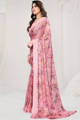 Peach Chiffon Leaf and Floral Printed Saree with Unstitched Blouse Piece 2