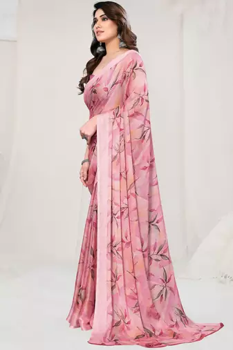 Peach Chiffon Leaf and Floral Printed Saree with Unstitched Blouse Piece
