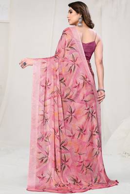 Peach Chiffon Leaf and Floral Printed Saree with Unstitched Blouse Piece 4