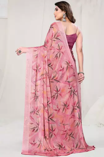 Peach Chiffon Leaf and Floral Printed Saree with Unstitched Blouse Piece