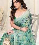 Dusty Green Chiffon Leaf/Floral Print Printed Saree With Unstitched Blouse Piece