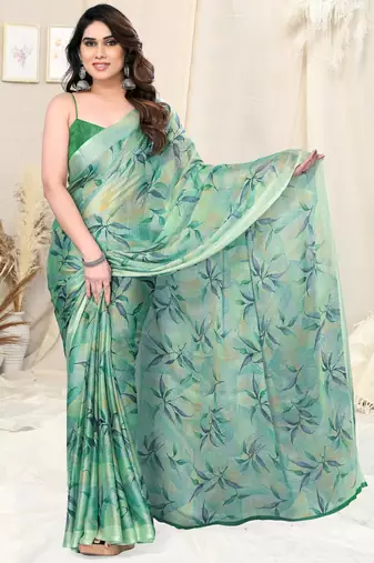 Dusty Green Chiffon Leaf/Floral Print Printed Saree With Unstitched Blouse Piece