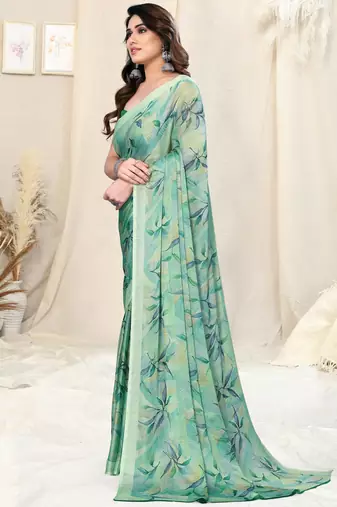 Dusty Green Chiffon Leaf/Floral Print Printed Saree With Unstitched Blouse Piece
