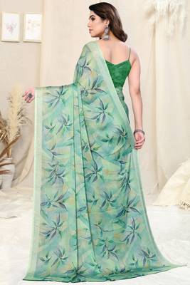Dusty Green Chiffon Leaf/Floral Print Printed Saree With Unstitched Blouse Piece 4
