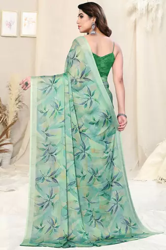 Dusty Green Chiffon Leaf/Floral Print Printed Saree With Unstitched Blouse Piece