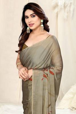 Dark khaki/dark beige chiffon leaf/floral print saree with unstitched blouse piece 1