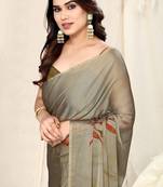 Dark khaki/dark beige chiffon leaf/floral print saree with unstitched blouse piece