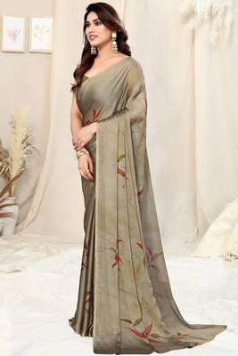Dark khaki/dark beige chiffon leaf/floral print saree with unstitched blouse piece 3