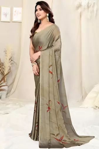 Dark khaki/dark beige chiffon leaf/floral print saree with unstitched blouse piece