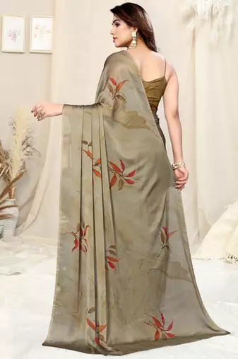 Dark khaki/dark beige chiffon leaf/floral print saree with unstitched blouse piece