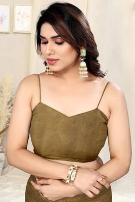 Dark khaki/dark beige chiffon leaf/floral print saree with unstitched blouse piece 5