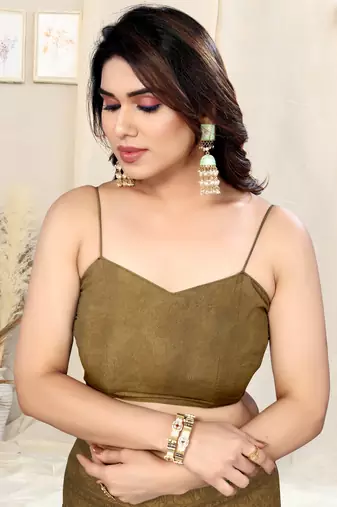 Dark khaki/dark beige chiffon leaf/floral print saree with unstitched blouse piece