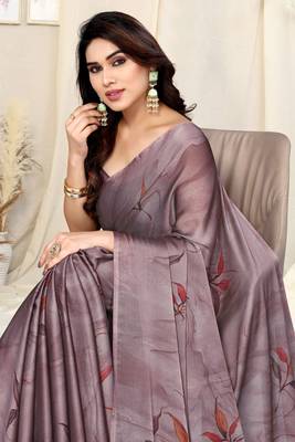 Dusty lavender chiffon leaf/floral print saree with unstitched blouse piece 1