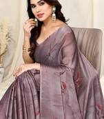 Dusty lavender chiffon leaf/floral print saree with unstitched blouse piece