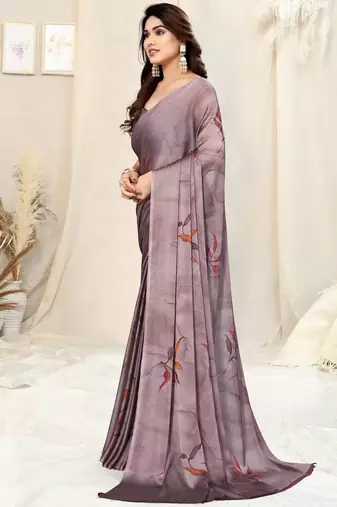 Dusty lavender chiffon leaf/floral print saree with unstitched blouse piece