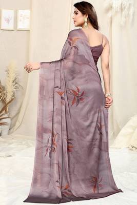 Dusty lavender chiffon leaf/floral print saree with unstitched blouse piece 4