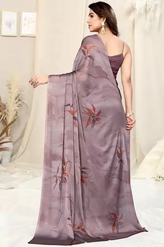 Dusty lavender chiffon leaf/floral print saree with unstitched blouse piece