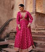 Dark pink colour jacquard silk embroidered anarkali dress