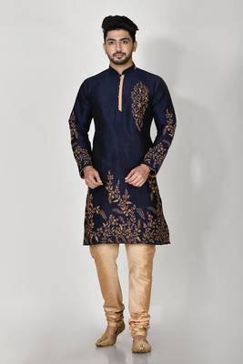 Ranak Navy Blue Dupion Silk Kurta Pajama 1