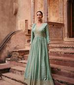 Turquoise colour jacquard silk embroidered anarkali dress