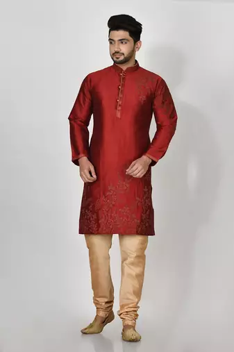 Ranak Maroon Dupion Silk Kurta Pajama