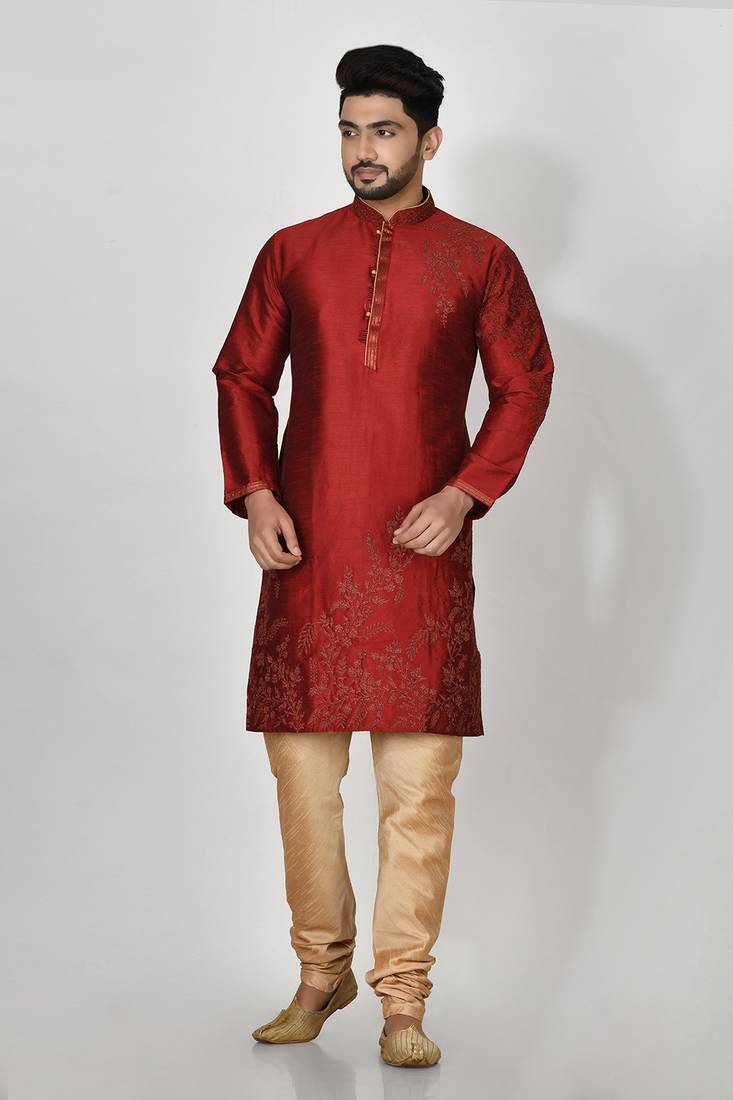 Ranak Maroon Dupion Silk Kurta Pajama