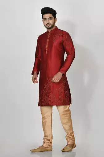 Ranak Maroon Dupion Silk Kurta Pajama