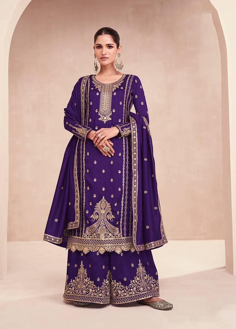 Dark violet premium silk embroidered palazzo dress