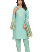 Women's sea green magic fabric embroidered full stitch kurta and pant with dupatta