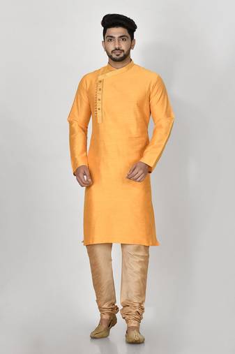 Ranak Yellow Mulbary Cotton Silk Kurta Pajama