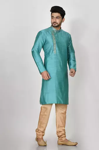 Ranak Terquoise Mulbary Cotton Silk Kurta Pajama