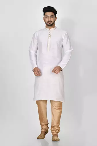 Ranak White Mulbary Cotton Silk Kurta Pajama